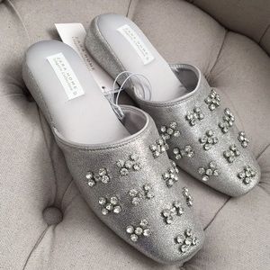 🩶 New Zara crystal rhinestone metallic sliver slipper satin bling home 6